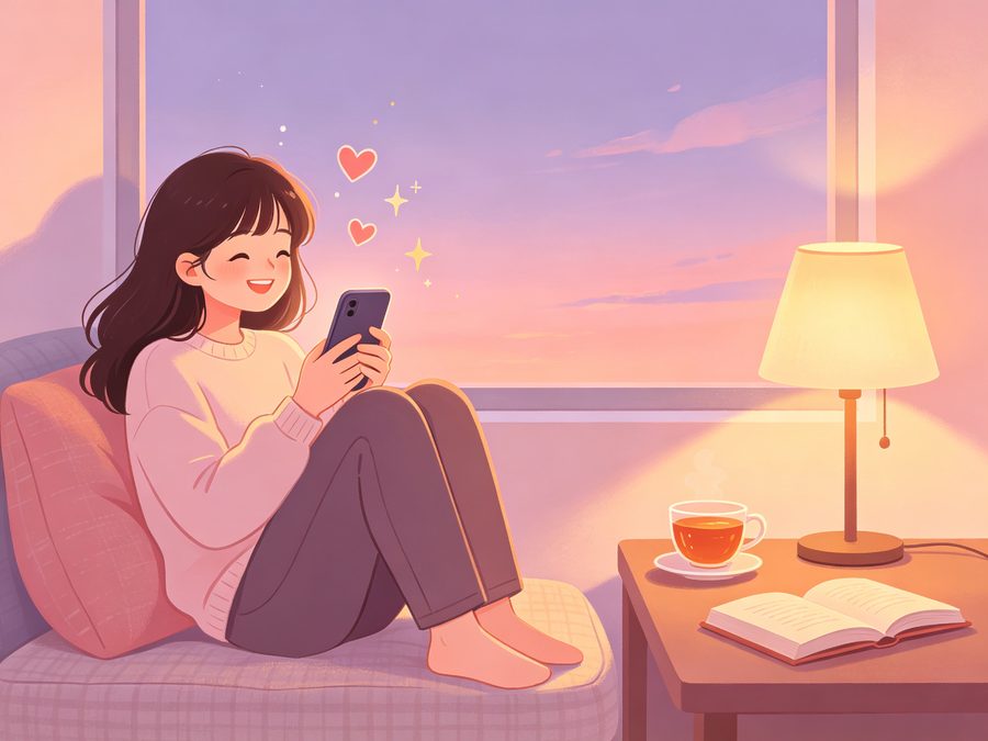 nimoo产品介绍插画：夜晚窗边与AI陪伴温暖聊天的女孩